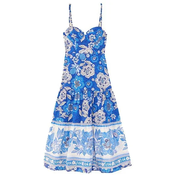 FARM Rio Blue Full Of Flowers Organic Cotton Midi Dress Women